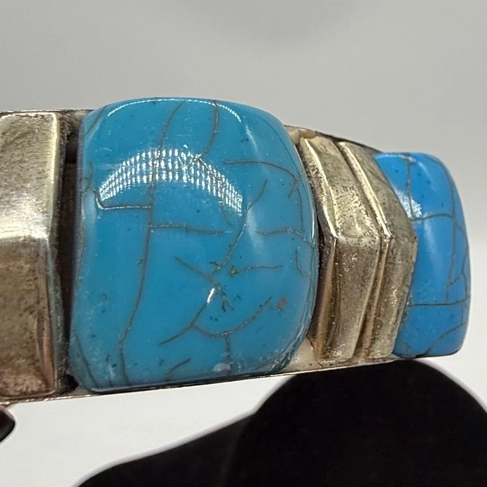 Vintage Silver Tone Faux Turquoise Chunky Bangle Bracelet Southwestern Boho 4253